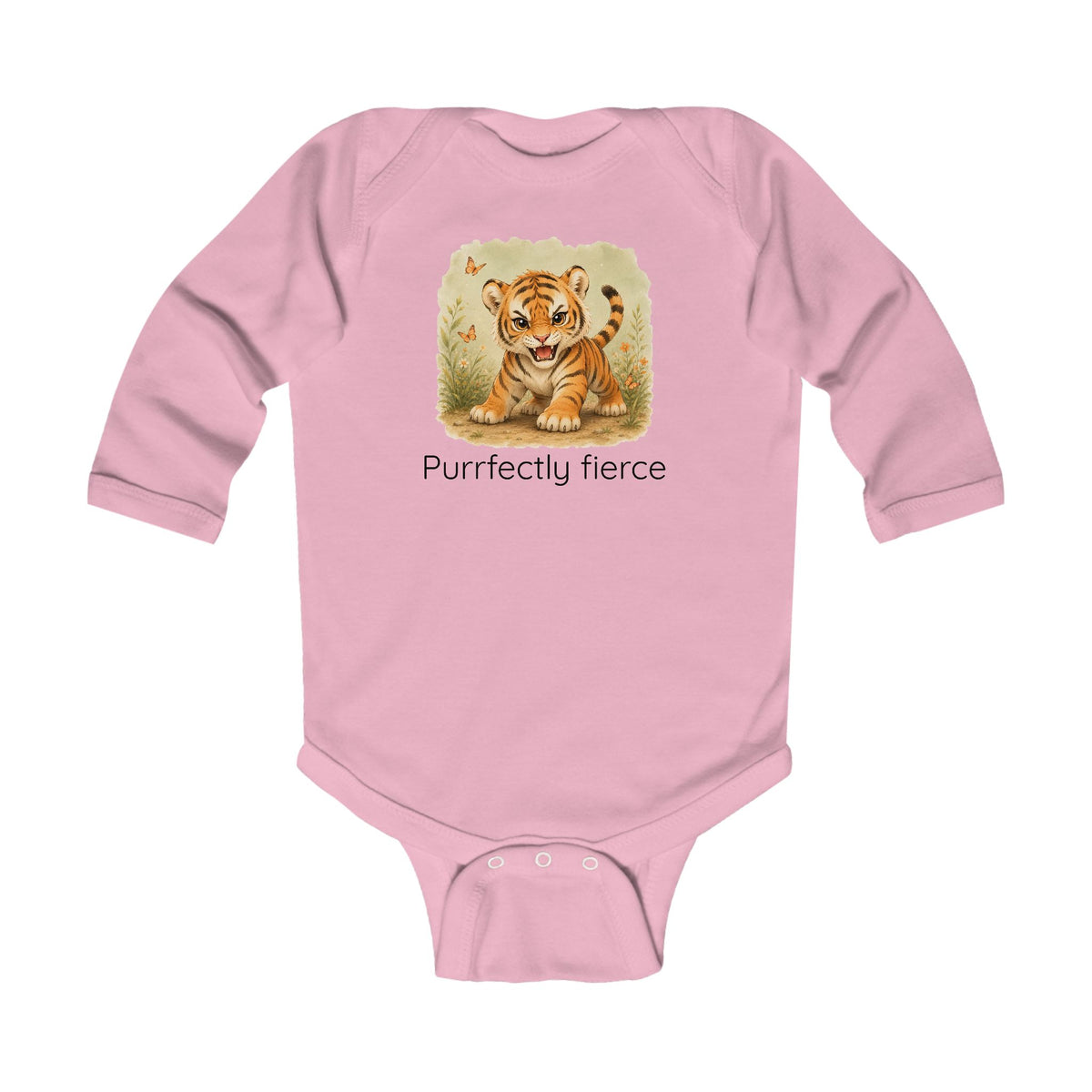 Tiger print infant long sleeve onesie in White, gender-neutral kids clothing