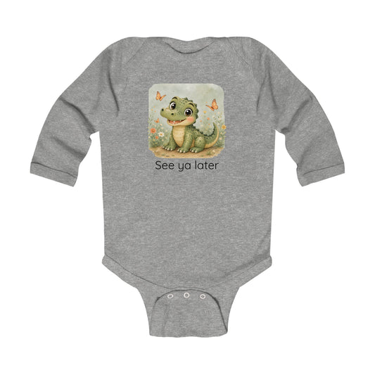 Alligator print infant long sleeve onesie in Light Blue, gender-neutral kids clothing