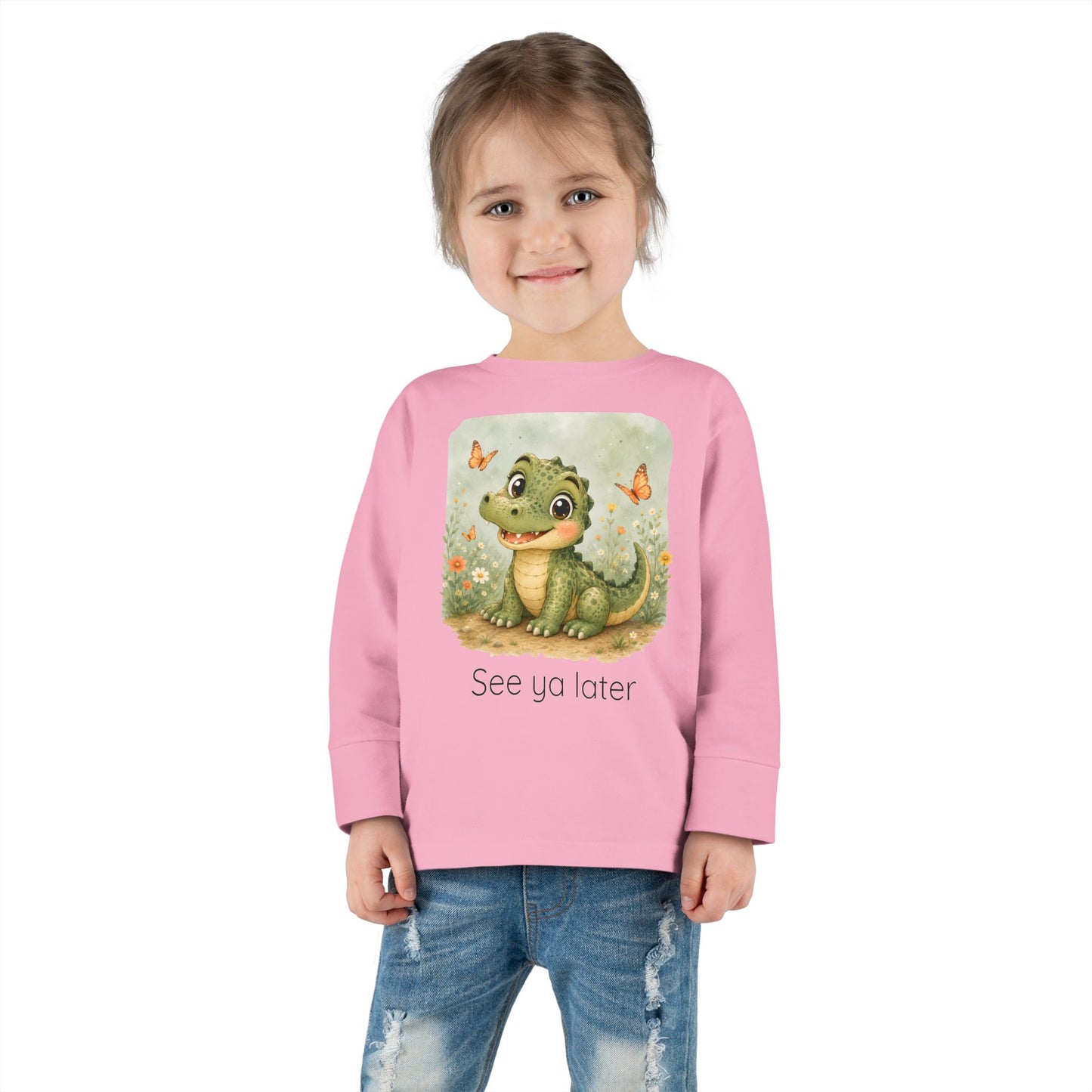 Alligator print toddler long sleeve shirt in White, gender-neutral kids clothing