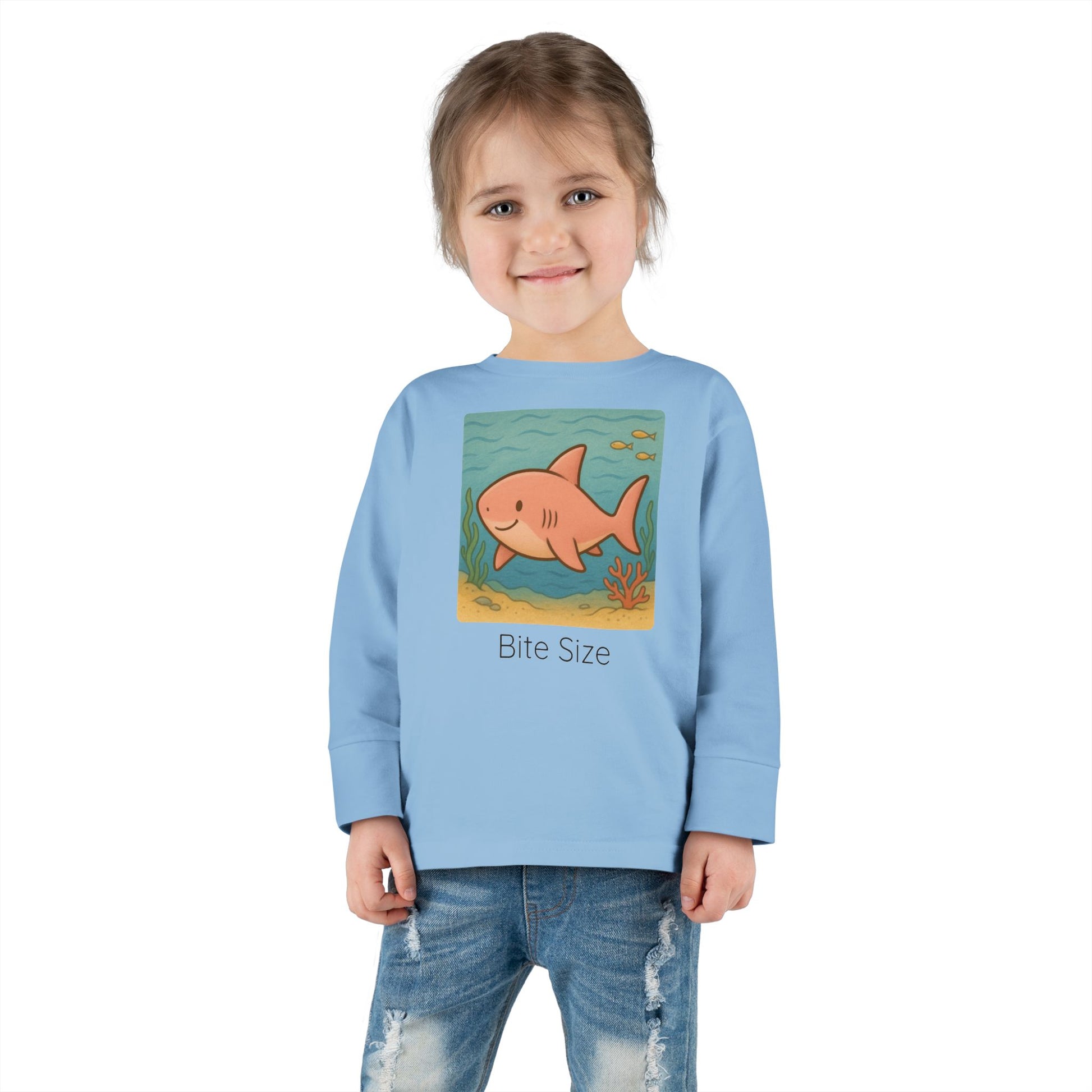 Shark print toddler long sleeve shirt in Heather, gender-neutral kids clothing
