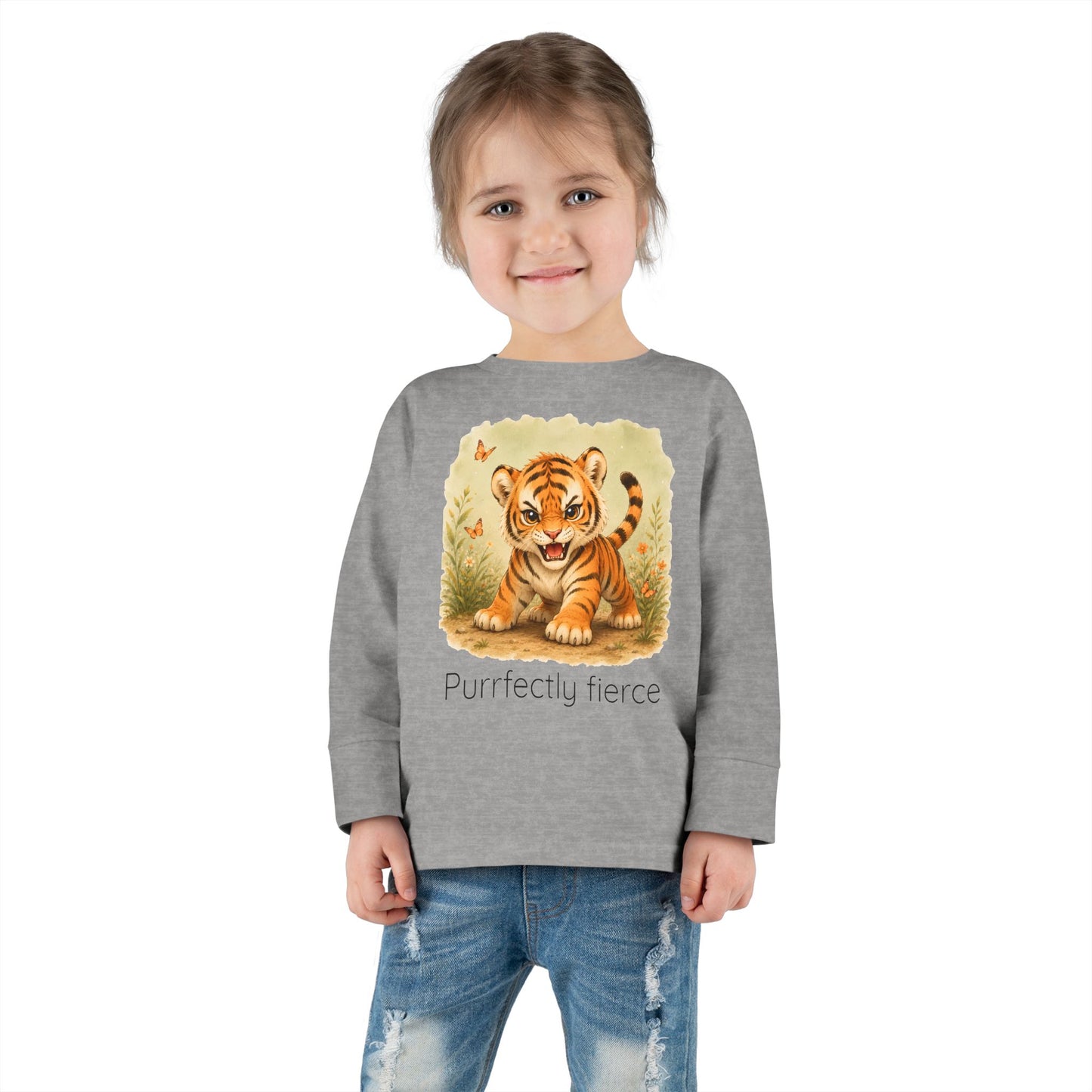 Tiger print toddler long sleeve shirt in Light Blue, gender-neutral kids clothing