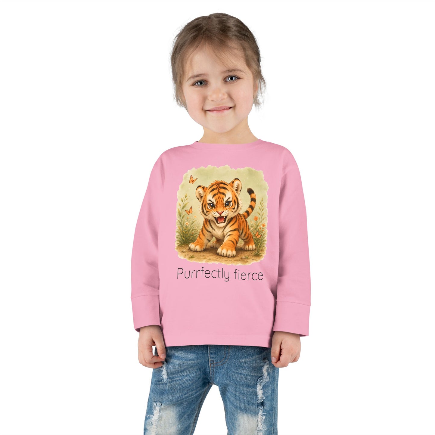 Tiger print toddler long sleeve shirt in White, gender-neutral kids clothing