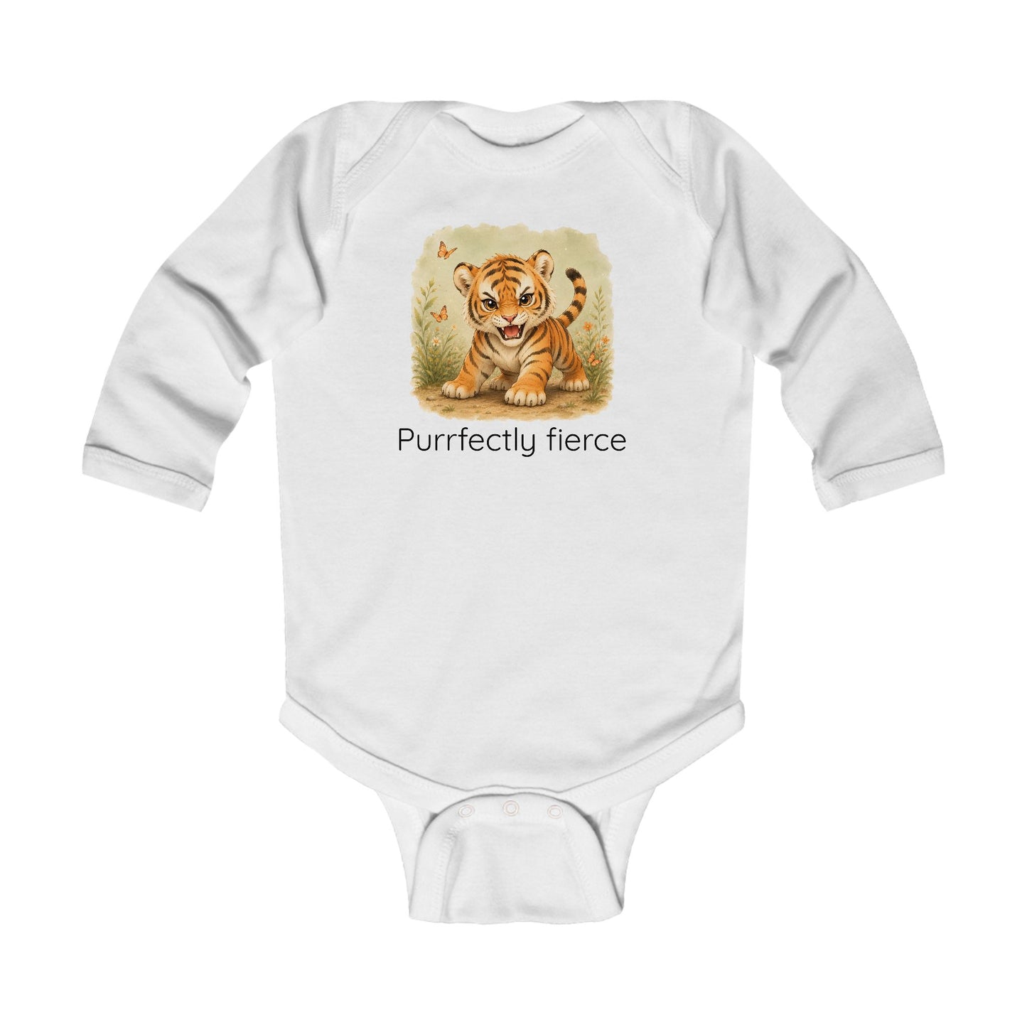 Tiger print infant long sleeve onesie in Heather, gender-neutral kids clothing