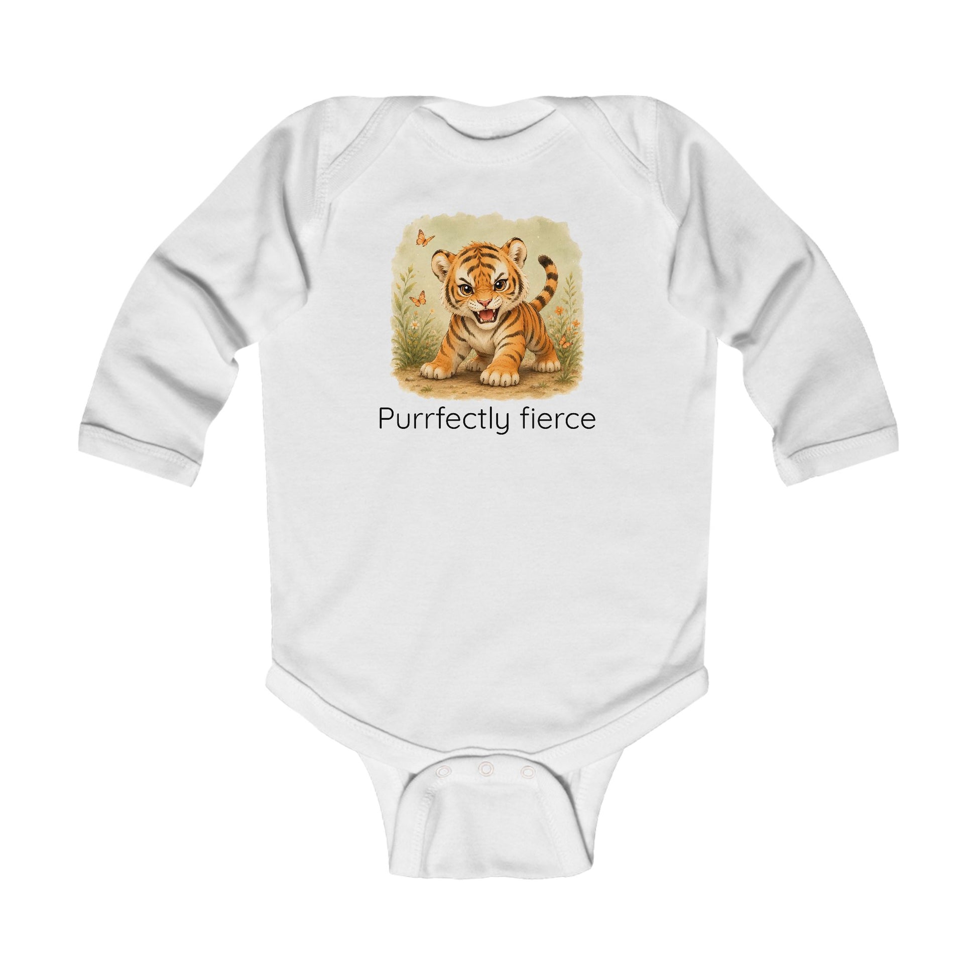 Tiger print infant long sleeve onesie in Heather, gender-neutral kids clothing