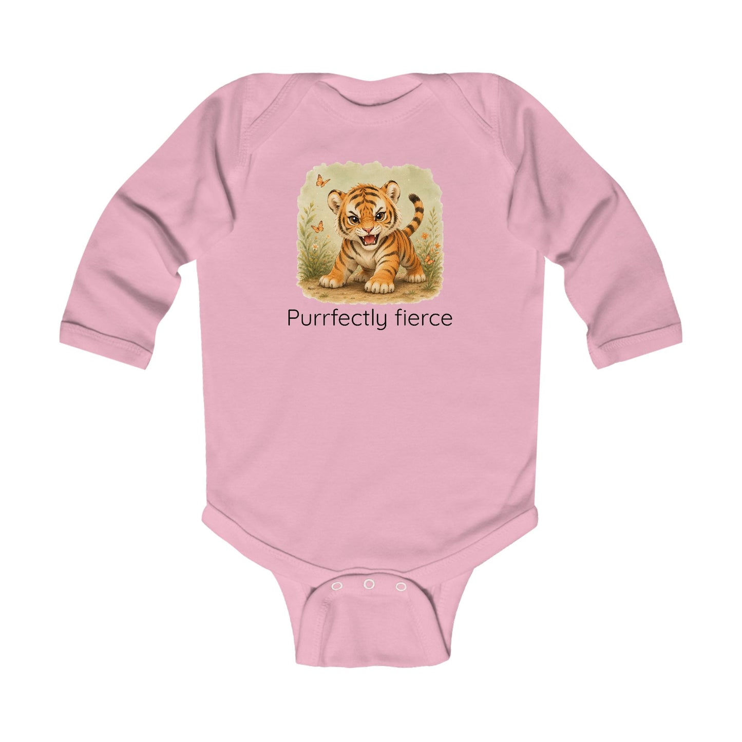 Tiger print infant long sleeve onesie in White, gender-neutral kids clothing