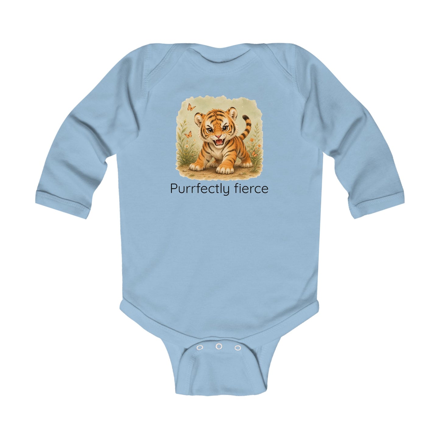 Tiger print infant long sleeve onesie in Pink, gender-neutral kids clothing