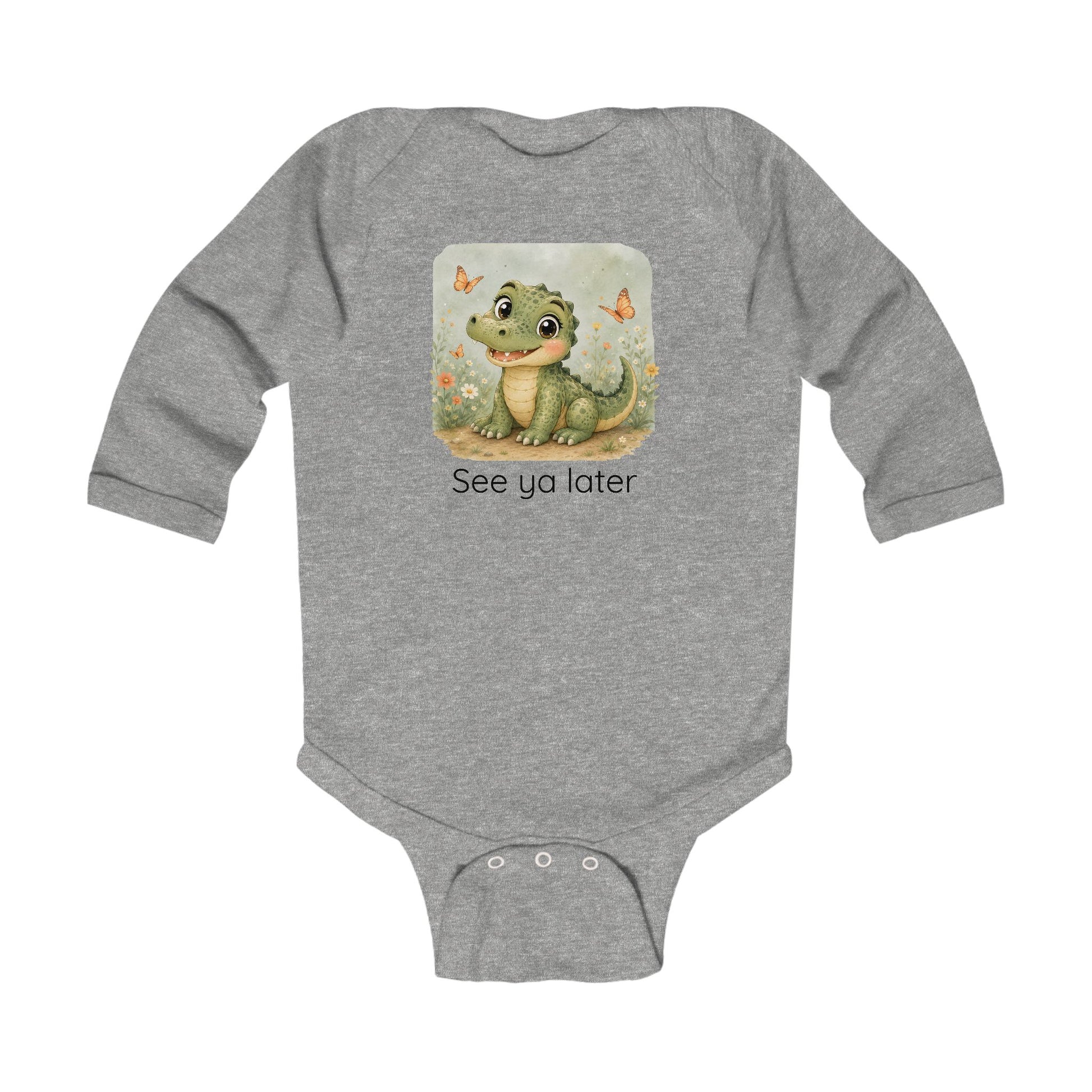 Alligator print infant long sleeve onesie in Light Blue, gender-neutral kids clothing