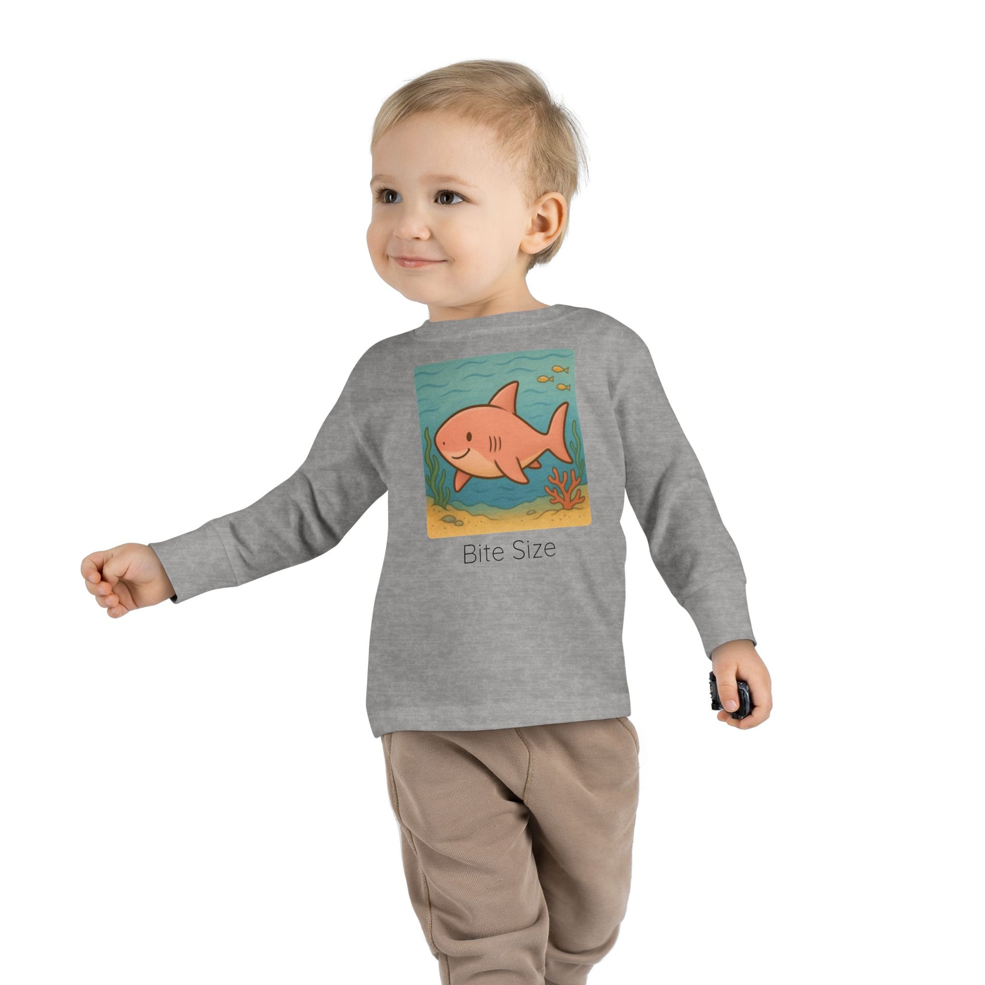 Shark print toddler long sleeve shirt in Heather, gender-neutral kids clothing