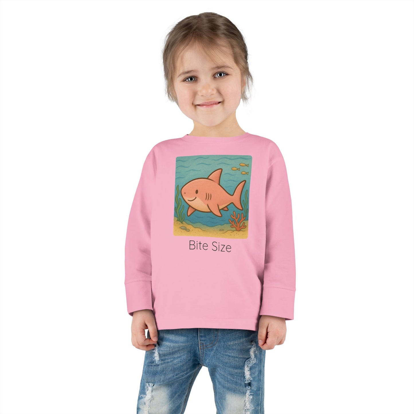 Shark print toddler long sleeve shirt in White, gender-neutral kids clothing