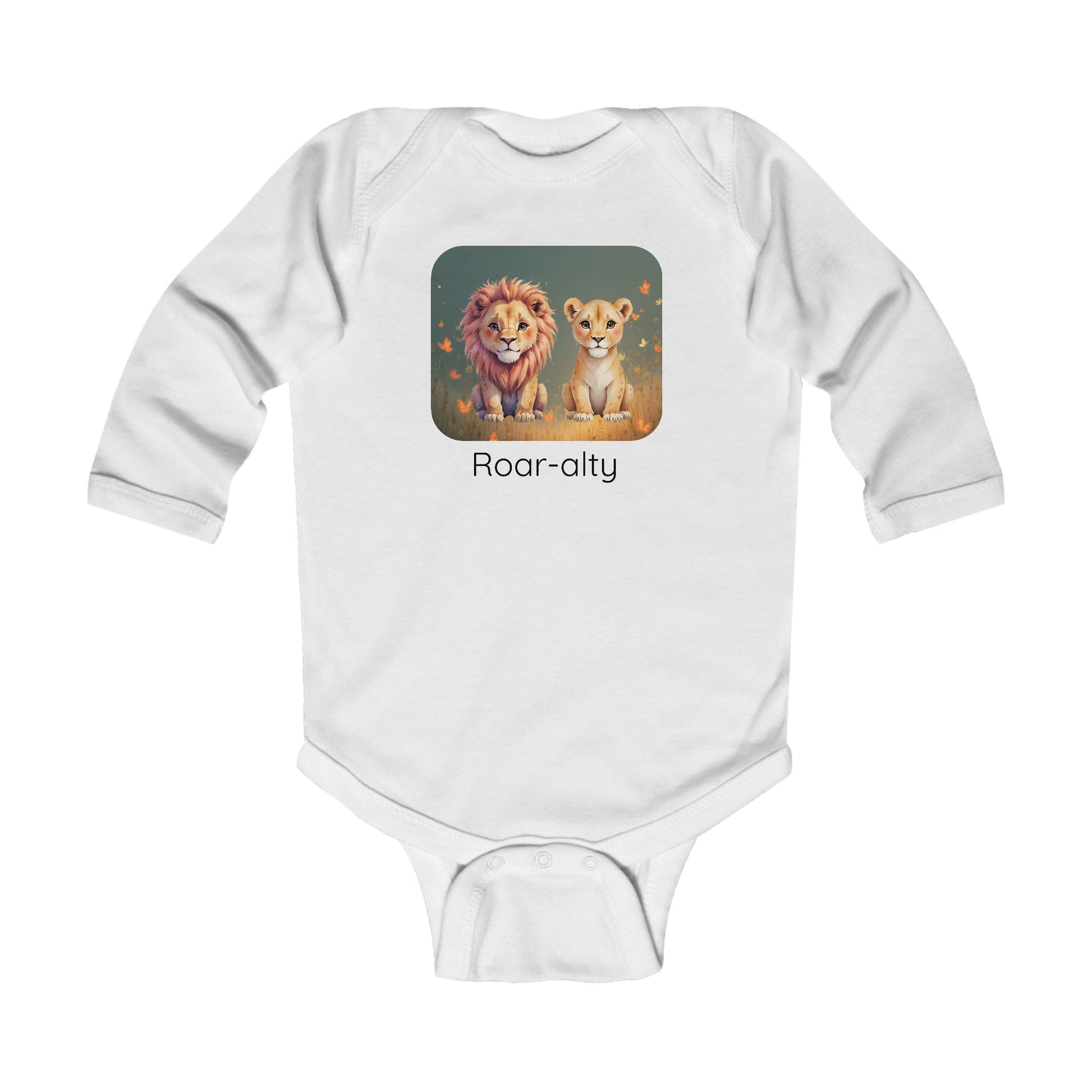 Lion print infant long sleeve onesie in Heather, gender-neutral kids clothing