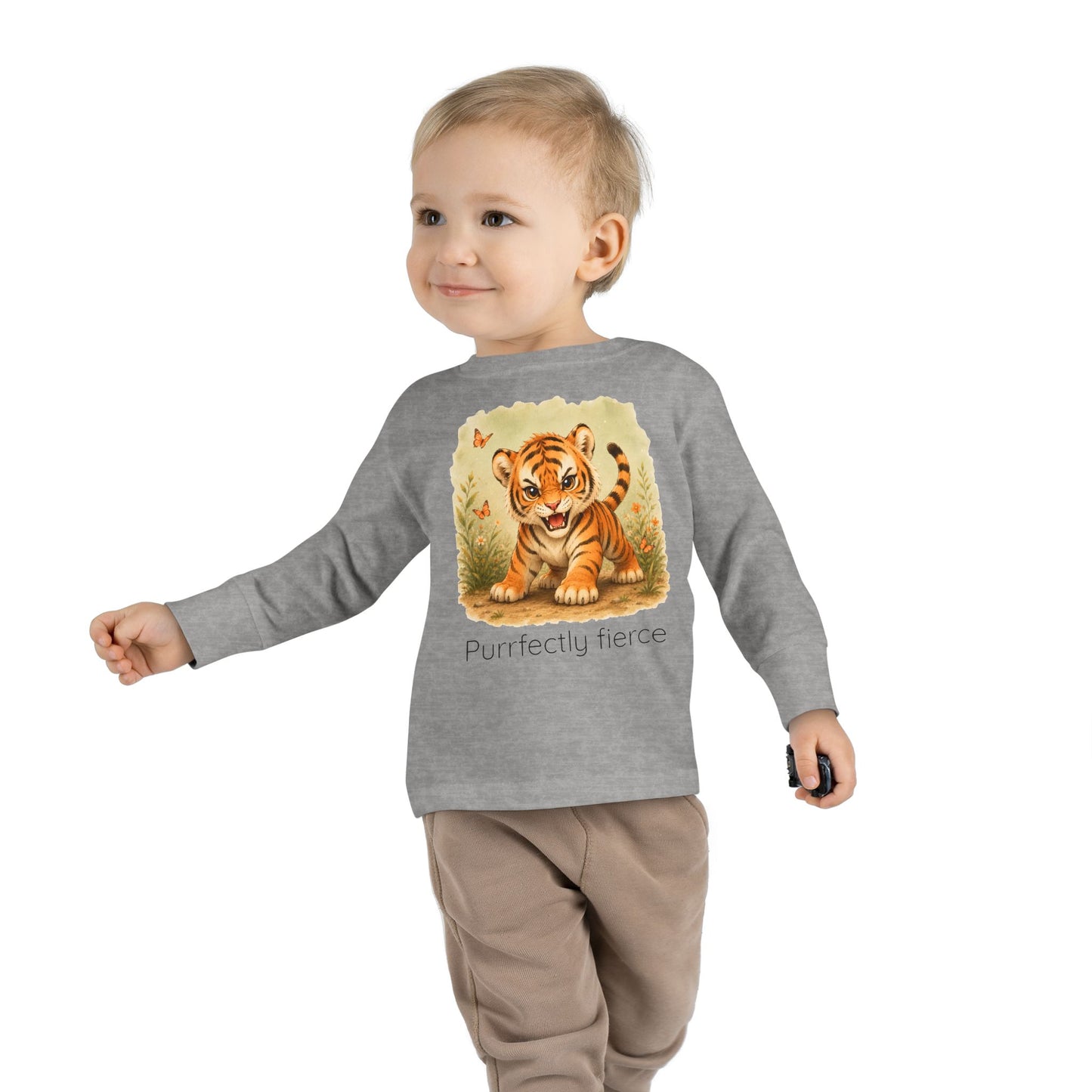 Tiger print toddler long sleeve shirt in Heather, gender-neutral kids clothing