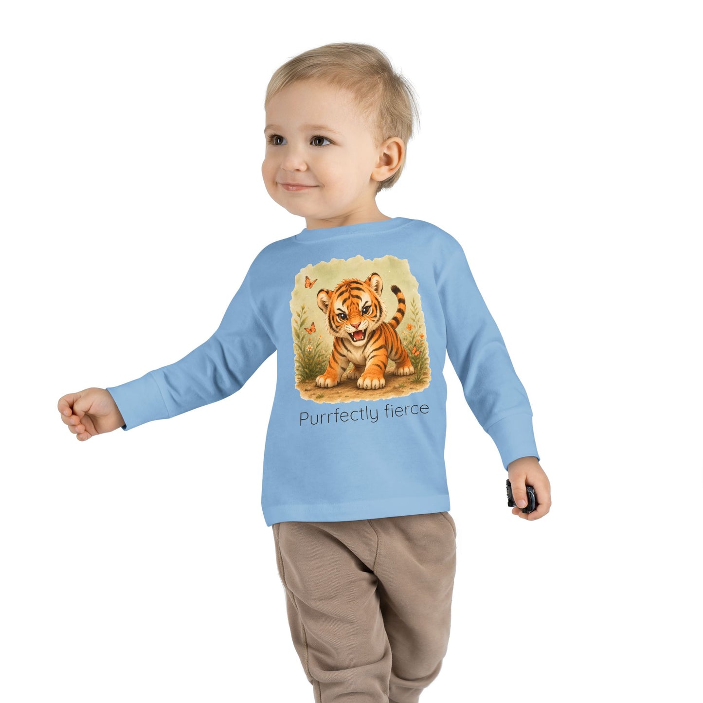 Tiger print toddler long sleeve shirt in White, gender-neutral kids clothing