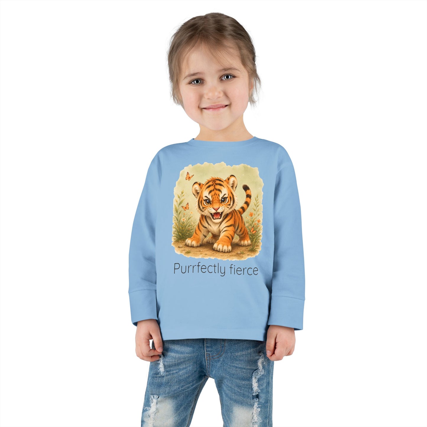 Tiger print toddler long sleeve shirt in Heather, gender-neutral kids clothing