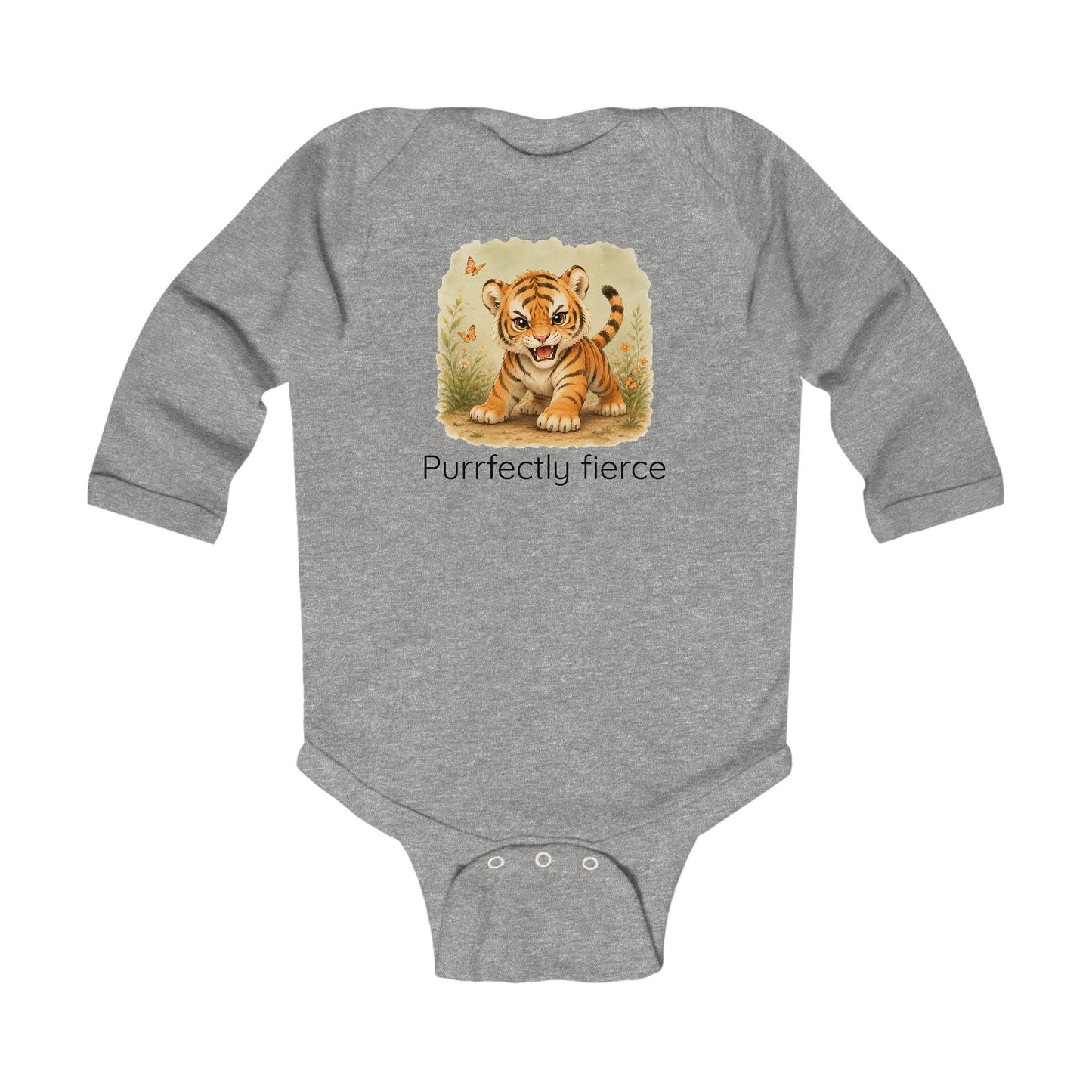 Tiger print infant long sleeve onesie in Light Blue, gender-neutral kids clothing