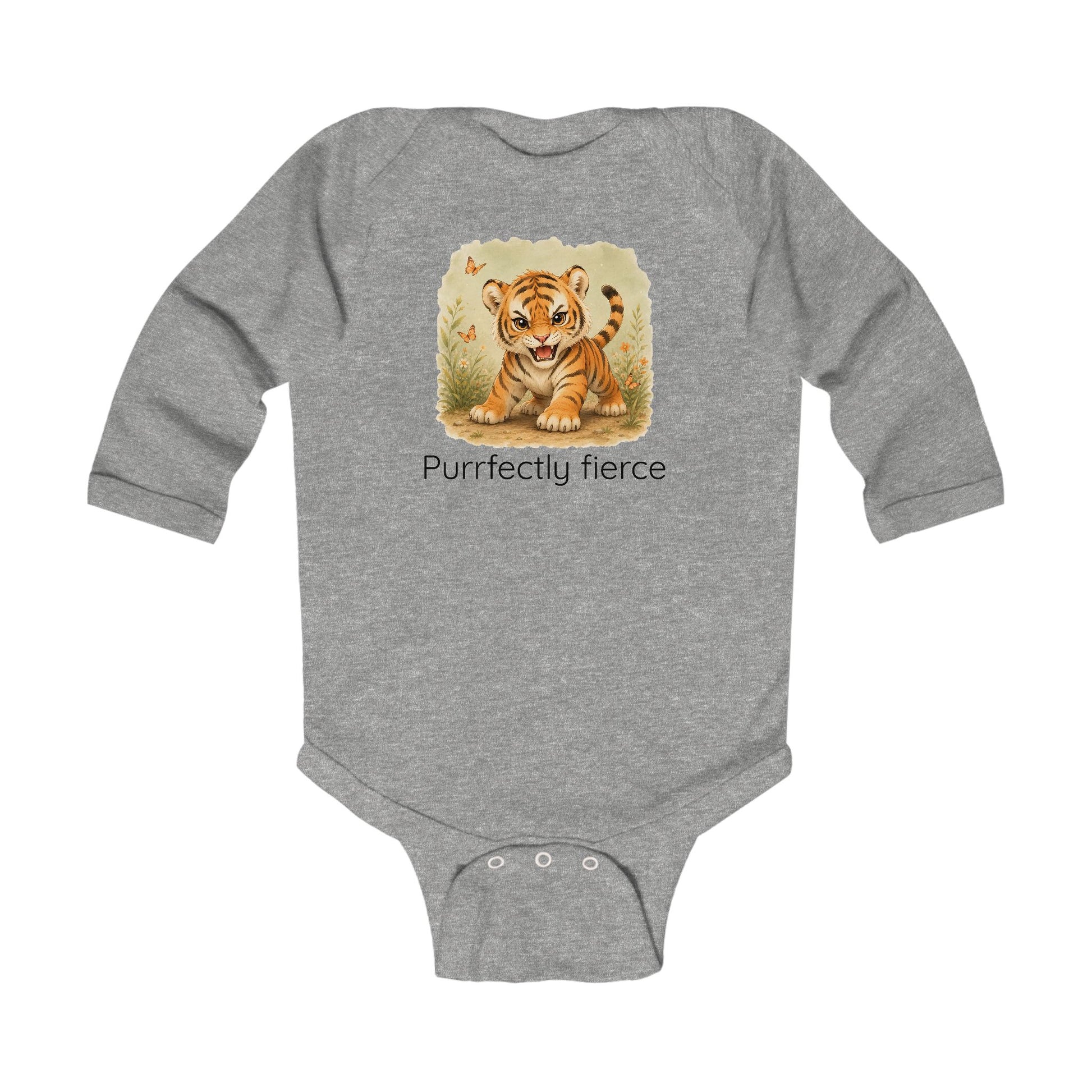 Tiger print infant long sleeve onesie in Light Blue, gender-neutral kids clothing