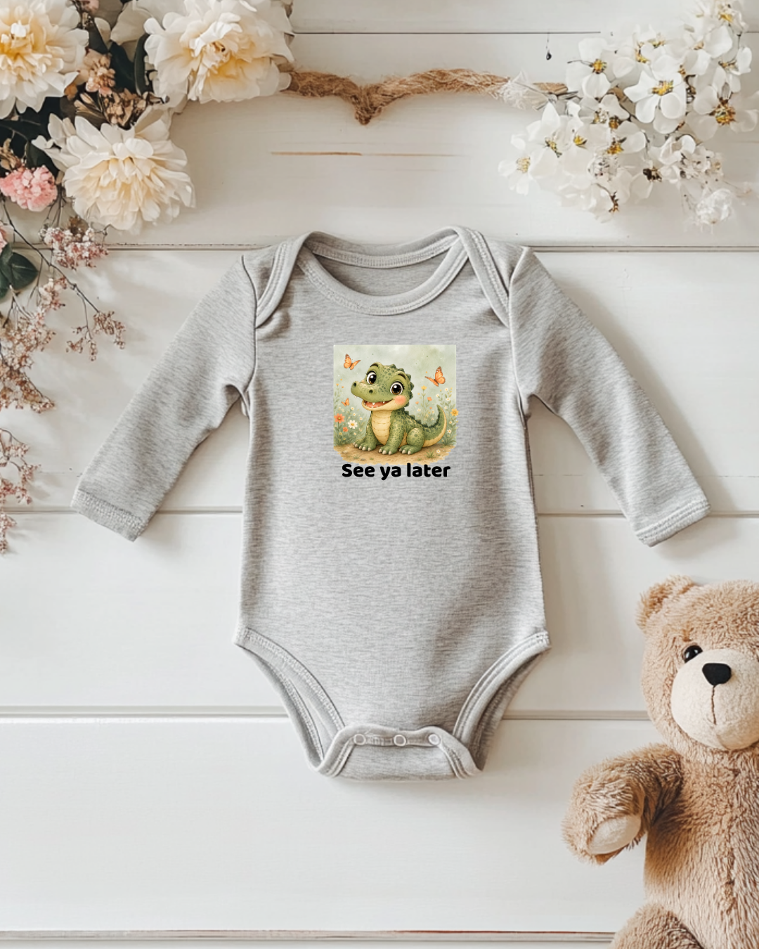 Alligator Infant Long Sleeve Onesie - Heather