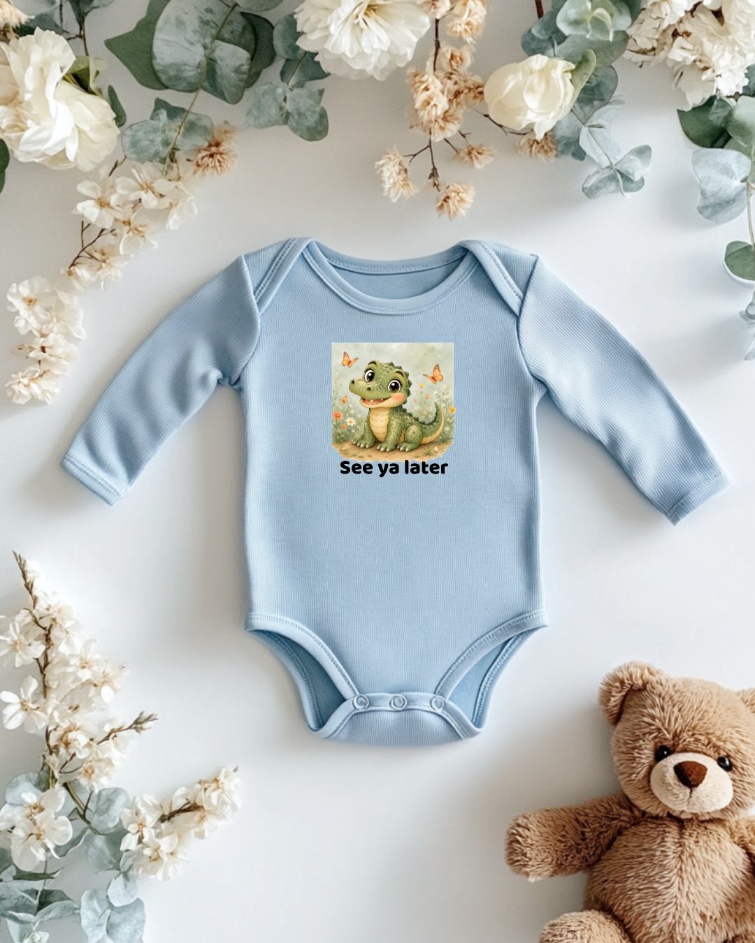 Alligator Infant Long Sleeve Onesie - Light Blue