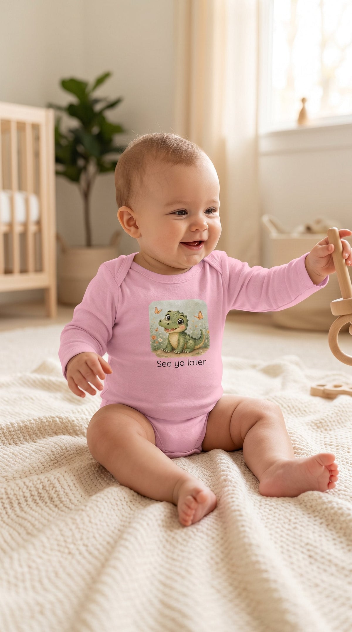 Alligator Infant Long Sleeve Onesie - Pink