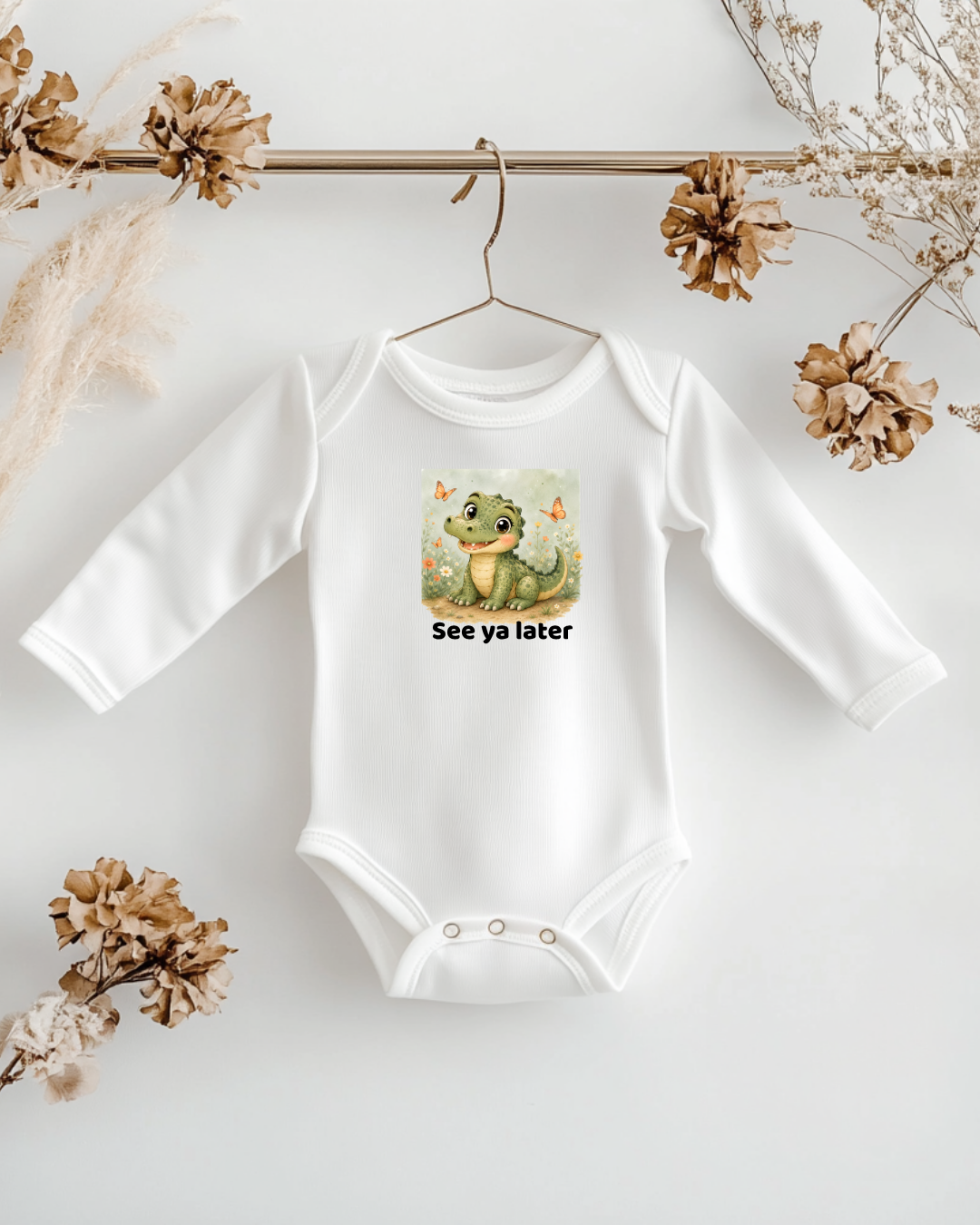 Alligator Infant Long Sleeve Onesie - White