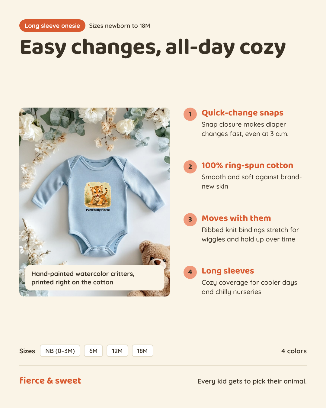 Infant long sleeve onesie features: quick-change snaps, 100% ring-spun cotton, ribbed knit bindings, long sleeves. Sizes newborn to 18M, 4 colors.