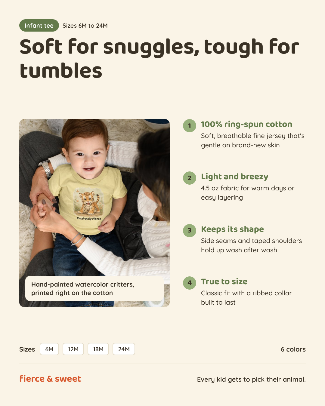 Infant tee features: 100% ring-spun cotton, light 4.5 oz fabric, keeps its shape, true to size. Sizes 6M to 24M, 6 colors.