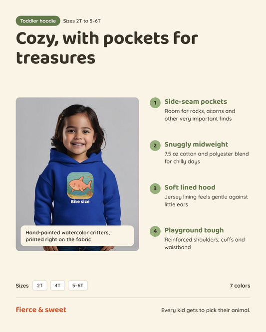 Toddler hoodie features: side-seam pockets, midweight 7.5 oz cotton blend, jersey-lined hood, reinforced cuffs. Sizes 2T to 5-6T, 7 colors.
