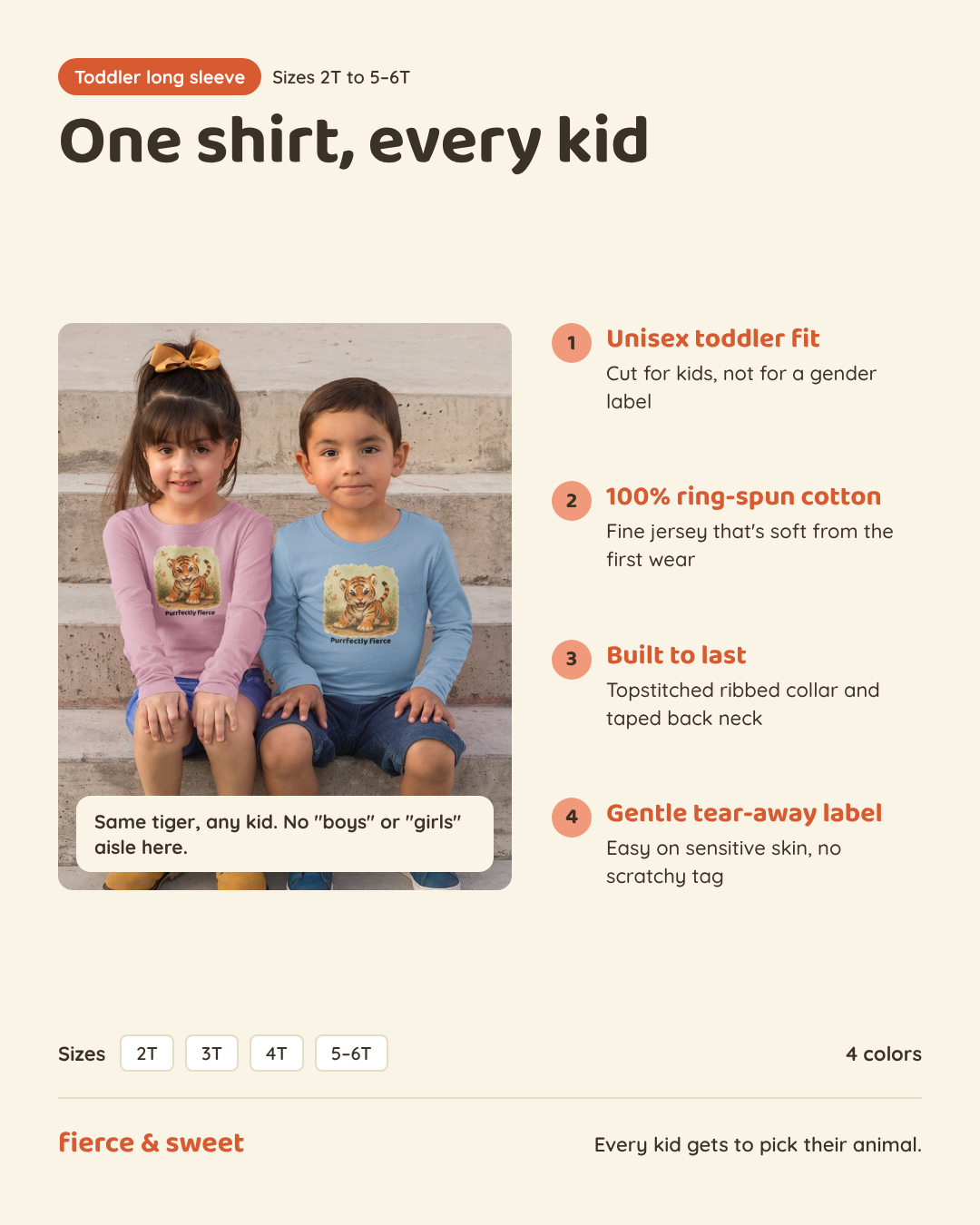 Toddler long sleeve shirt features: unisex toddler fit, 100% ring-spun cotton, topstitched collar, tear-away label. Sizes 2T to 5-6T, 4 colors.