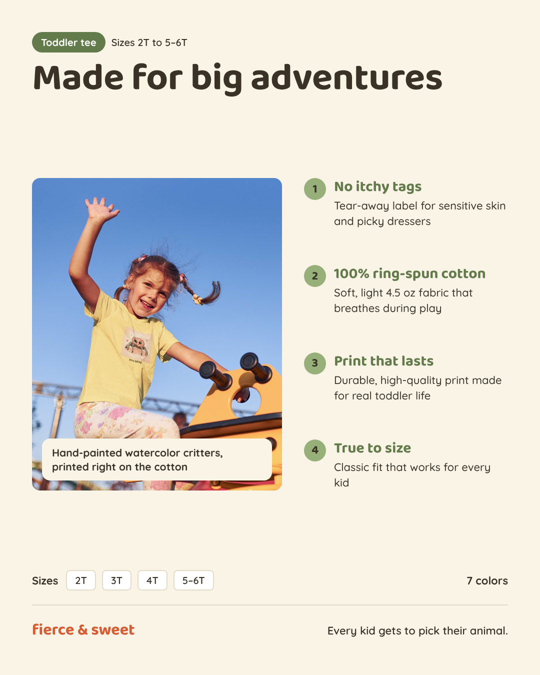 Toddler tee features: tear-away label, 100% ring-spun cotton, durable print, true to size. Sizes 2T to 5-6T, 7 colors.